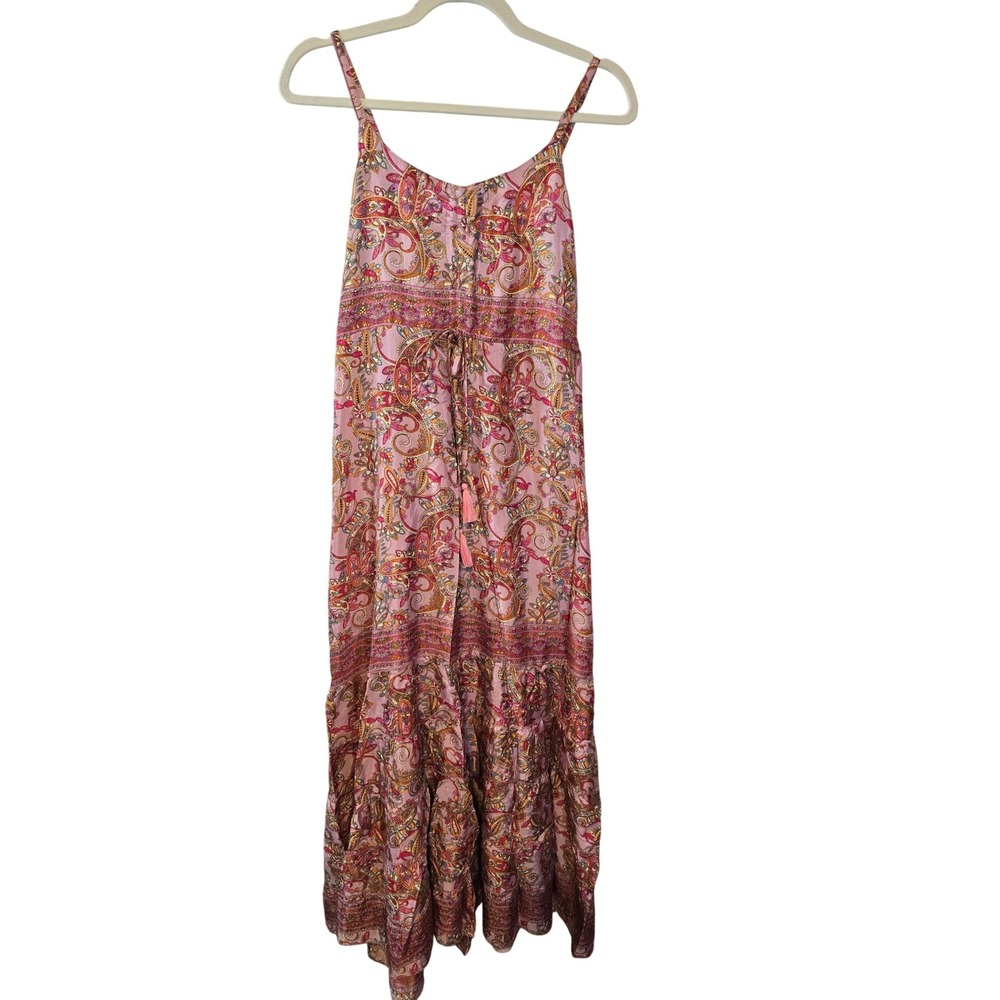 White Waves Pink Paisley Silk Blend‎ Maxi Dress L/XL Boho Tassel Tiered New